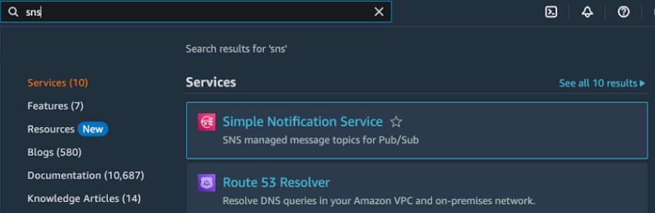 AWS console showing search results for SNS (Simple Notification Service).