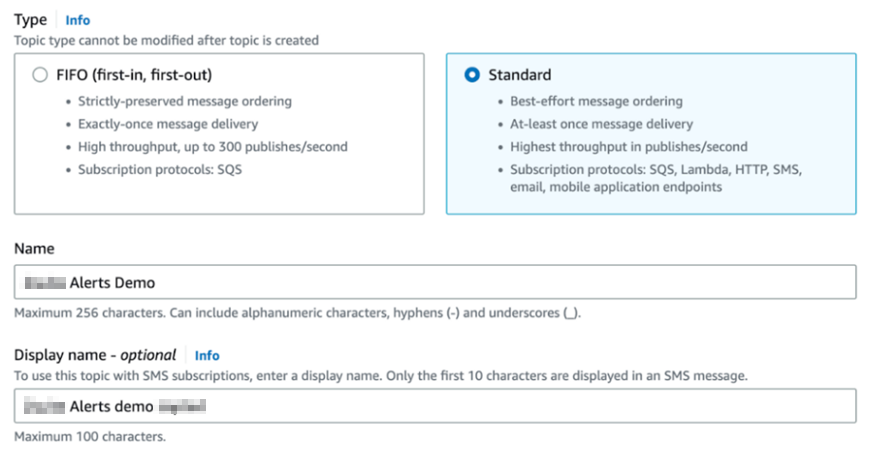 Create Topic page showing Standard type and topic name settings.