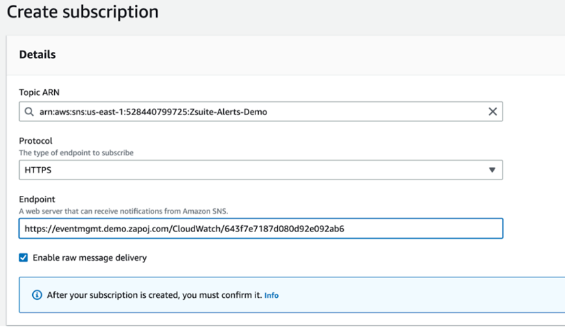Create Subscription page showing HTTPS endpoint configuration.