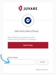 Juvare "Okta Verify" code entry screen.