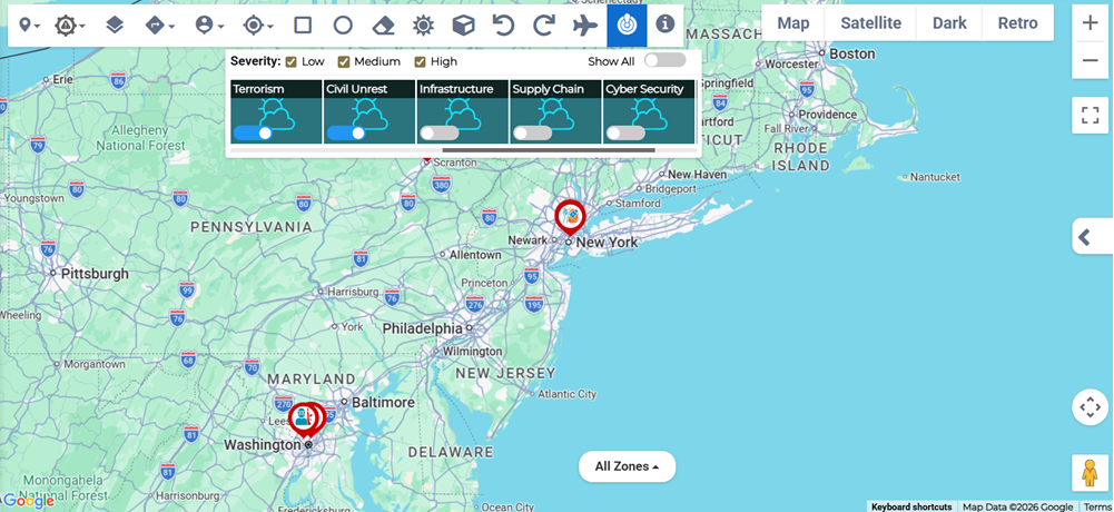 Critical Events tool showing all event types and severities enabled.