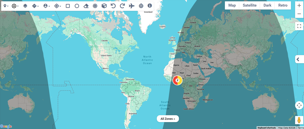Day/Night Mode showing day and night regions on the map.