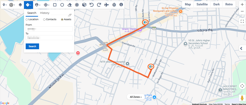 Search Directions tool showing route between selected assets.