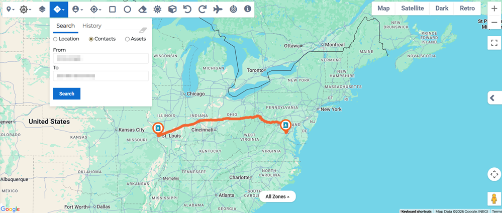Search Directions tool showing route between selected locations.