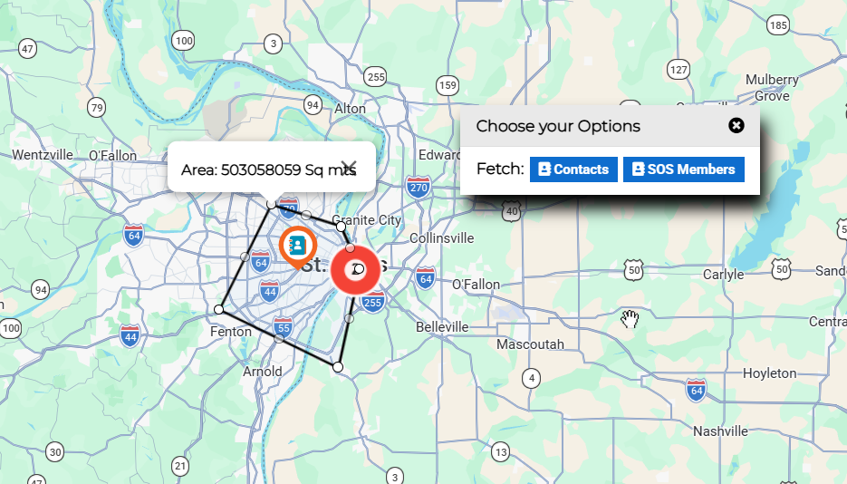 Drawn area on the map showing fetch options for Contacts and SOS Members.