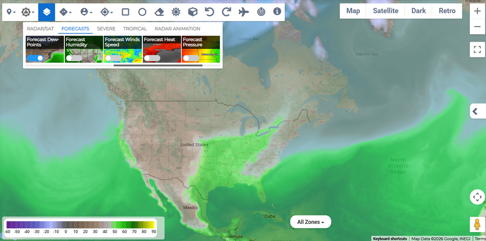 Forecast Dewpoints layer showing forecasted dewpoint levels.