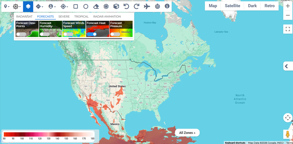 Forecast Heat layer showing areas of elevated temperature.