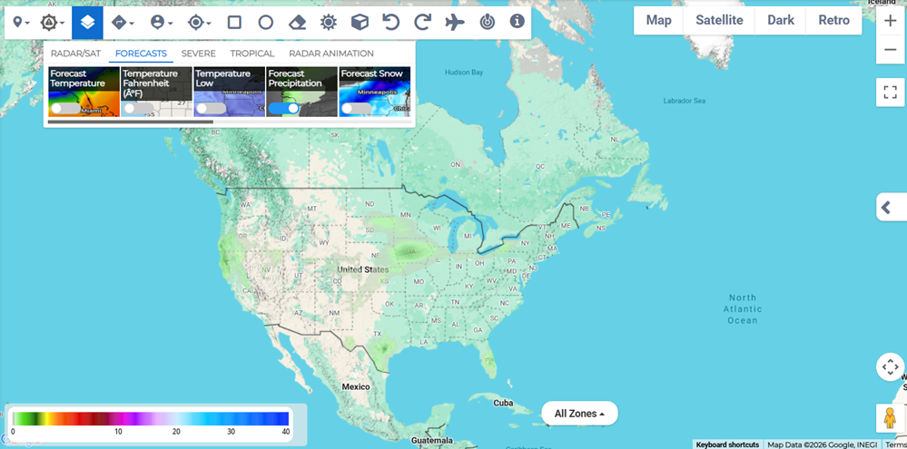 Forecast Precipitation layer showing forecasted rain and snow.