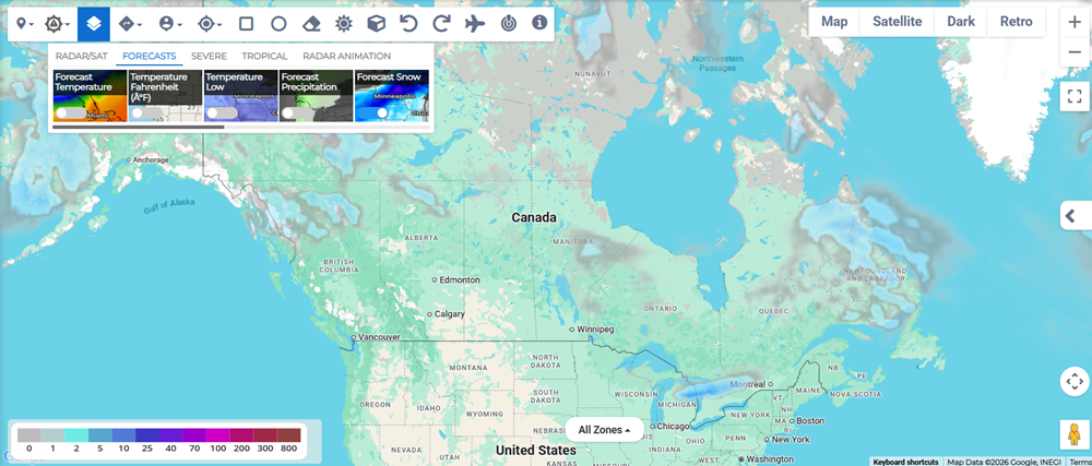 Forecast Snow layer showing forecasted snowfall.