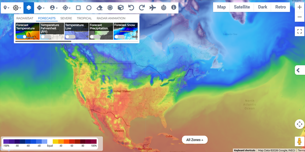Forecast Temperature layer showing temperature heat map.