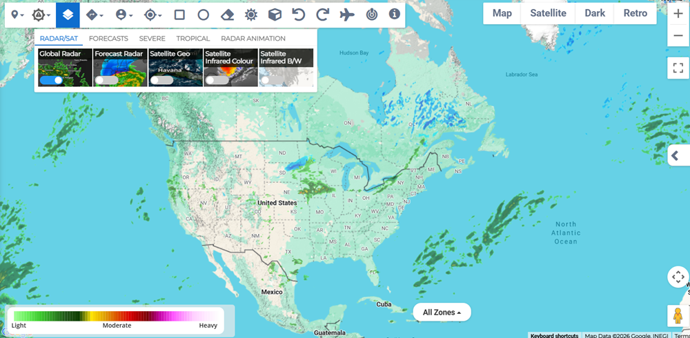 Global Radar layer on the Visual Risk Intelligence page showing weather radar overlay on the map.