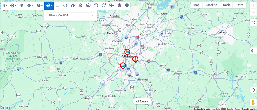 Locations tool showing search results for a specific location on the map.