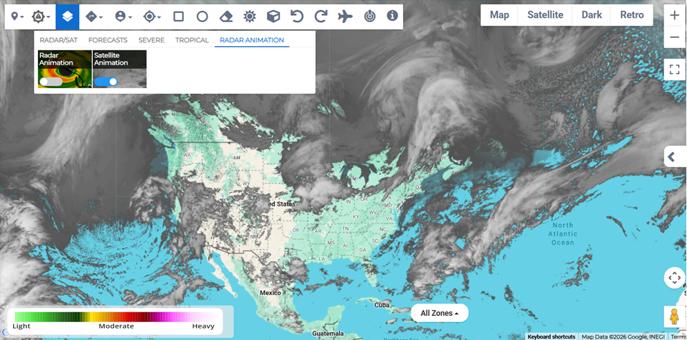 Satellite Animation layer showing animated grayscale weather patterns.