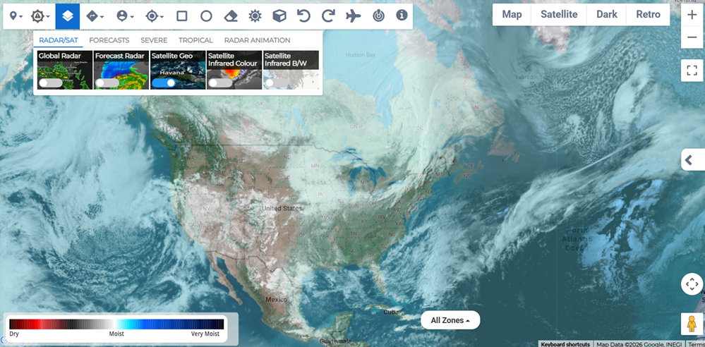 Satellite Geo layer showing real-time satellite weather view.