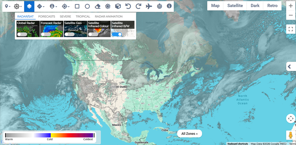 Satellite Infrared B/W layer showing cloud temperature in grayscale.