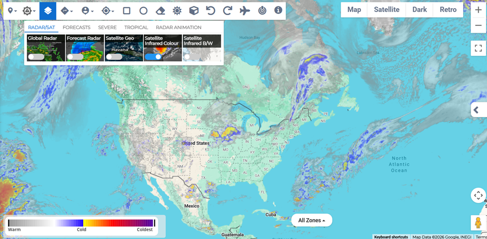 Satellite Infrared Color layer showing cloud temperature heat map.
