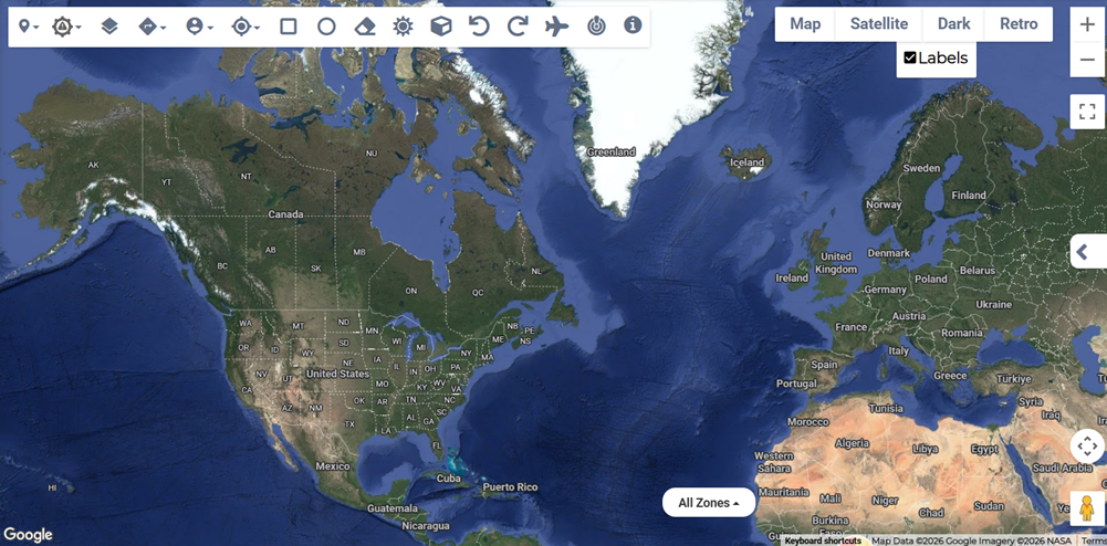 Satellite view on the Visual Risk Intelligence page showing map with labels enabled.