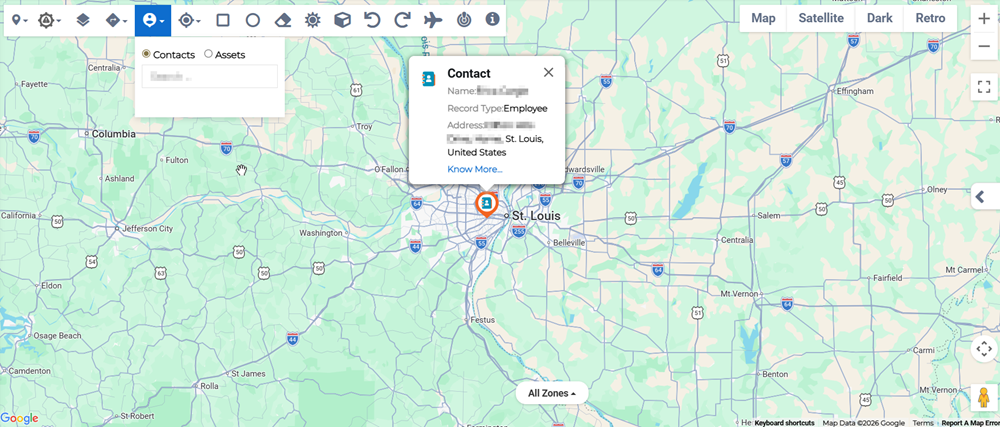 Search for Contact/Asset tool showing contact details on the map.