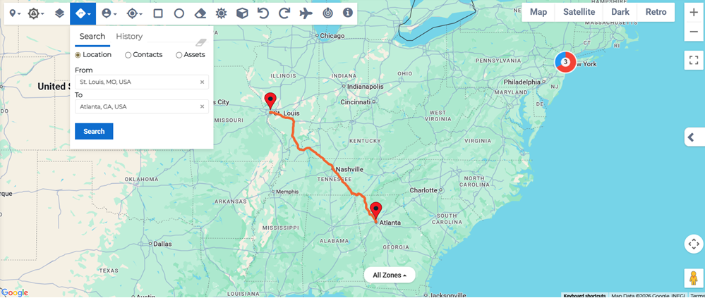 Search Directions tool showing route between two locations.