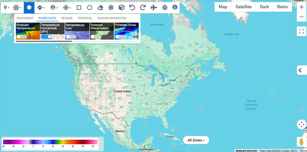 Temperature Fahrenheit (°F) layer showing current temperature values on the map.