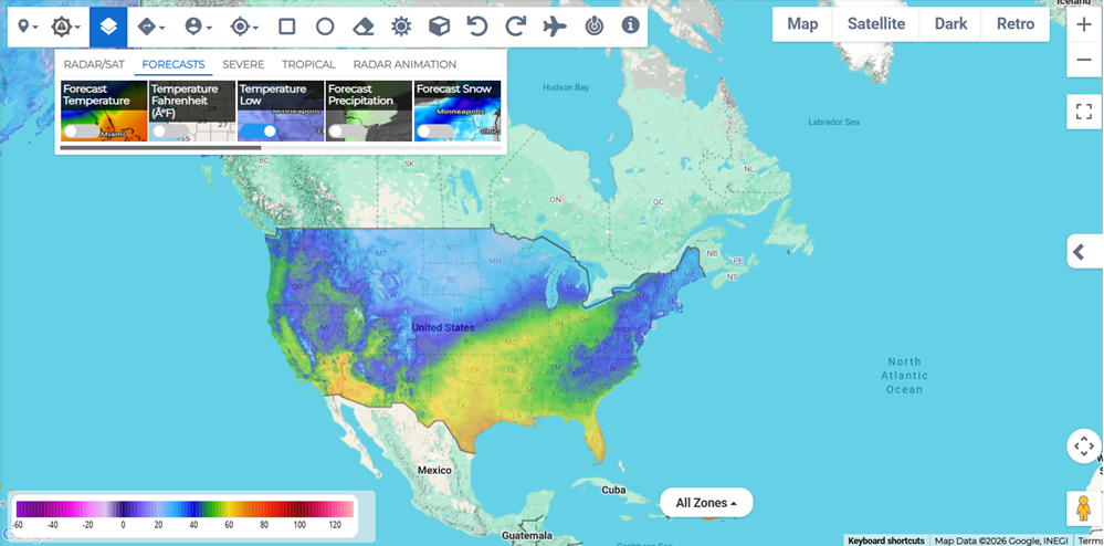 Temperature Low layer showing forecasted low temperatures.