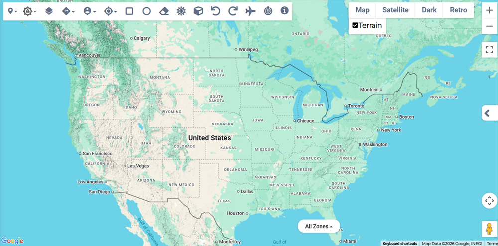 Map view on the Visual Risk Intelligence page showing terrain option enabled.