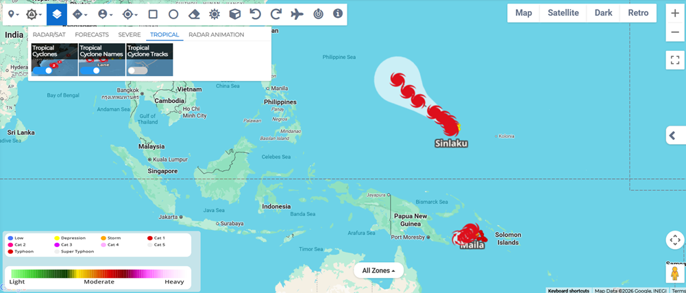 Tropical Cyclone Names layer showing storm names on the map.