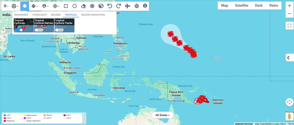 Tropical Cyclones layer showing storm locations and tracks.