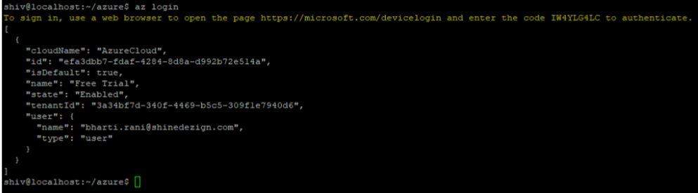 Terminal output showing Azure login command and authentication details.