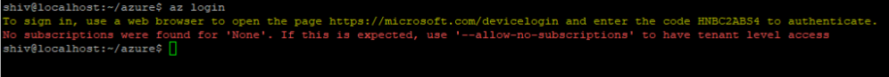 Terminal output showing Azure login error message.