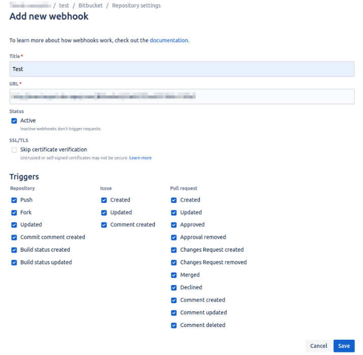 Add Webhook page showing trigger options enabled.