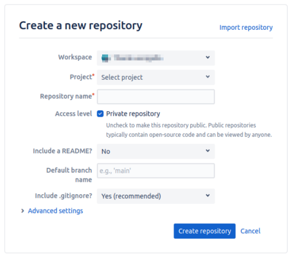 Create Repository page showing repository setup fields.