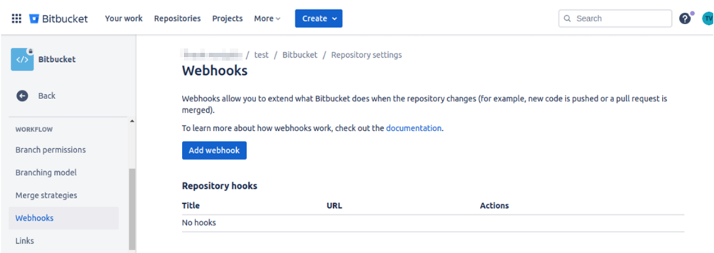 Bitbucket Webhooks settings page showing add webhook option.