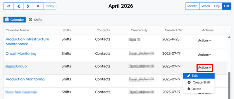 List view on the Calendar page showing Actions menu with edit option.