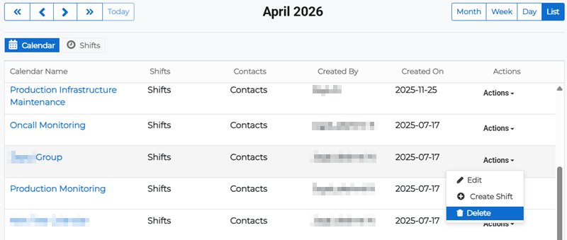 List view on the Calendar page showing Actions menu with delete option.