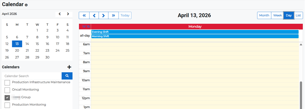 Day view on the Calendar page showing shifts for the selected day.