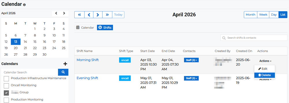 Shifts list on the Calendar page showing Actions menu with delete option.