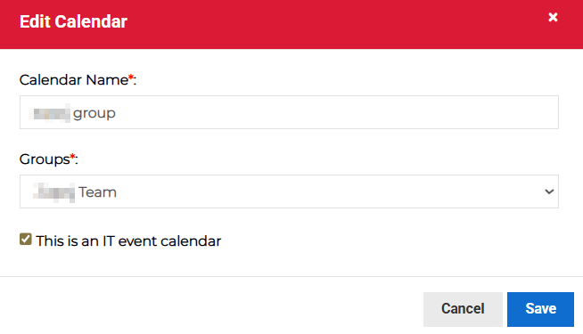 Edit Calendar dialog showing calendar name and group fields.