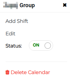 Calendar options panel showing add shift, edit, status, and delete options.