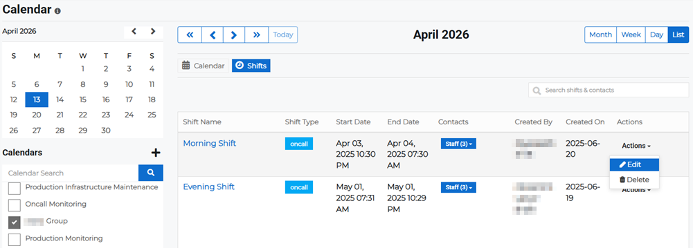 Shifts list on the Calendar page showing Actions menu with edit option.