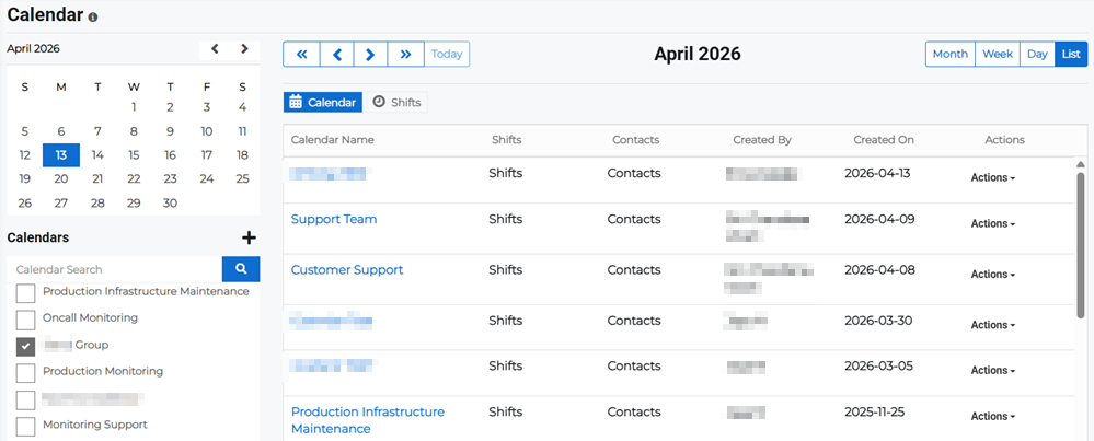 List view on the Calendar page showing calendars and shift details.