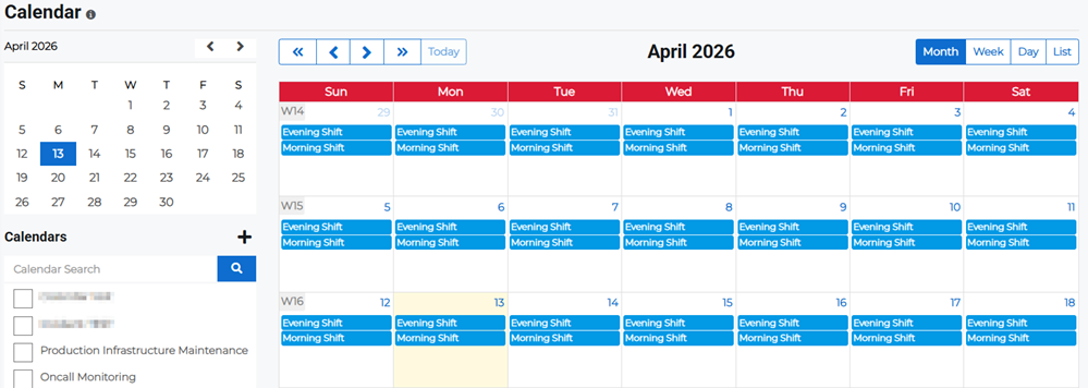 Month view on the Calendar page showing shifts for the selected month.