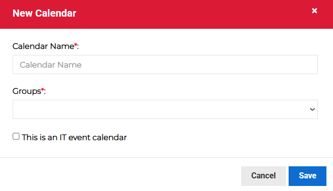 New Calendar dialog showing calendar name and group fields.