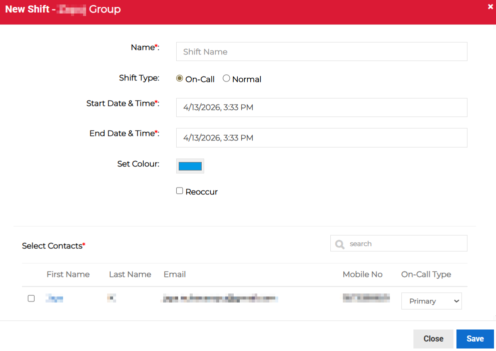 New Shift dialog showing shift details and contact selection fields.