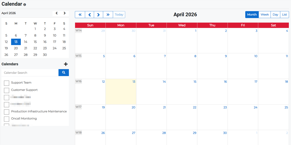 Calendar page under Staff Scheduling showing monthly calendar view.