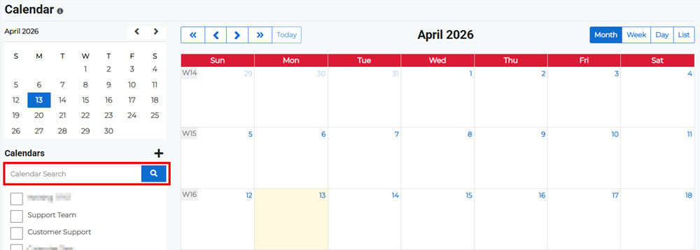 Calendar page showing calendar search option.