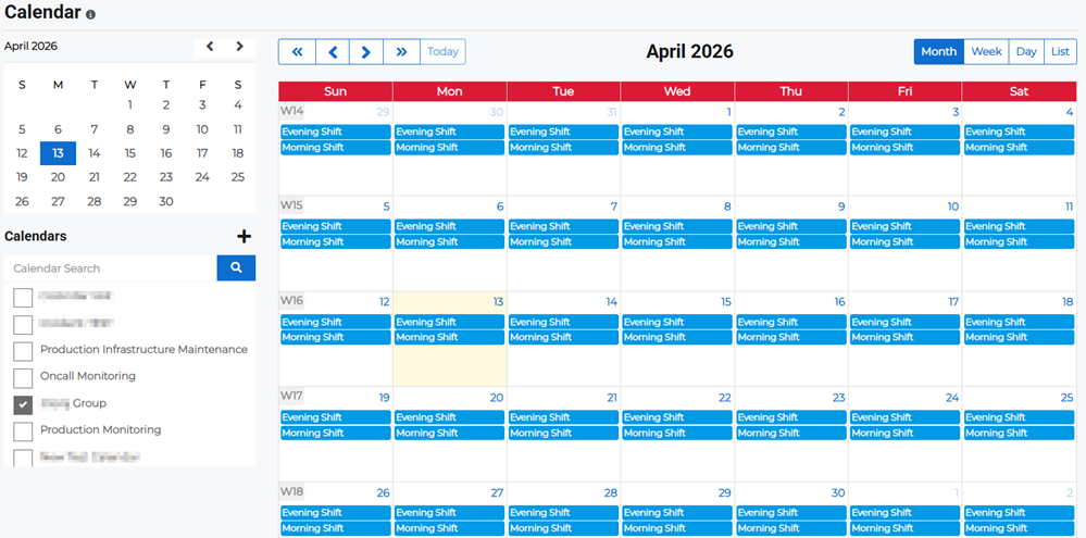 Calendar page showing selected calendar with shift details.