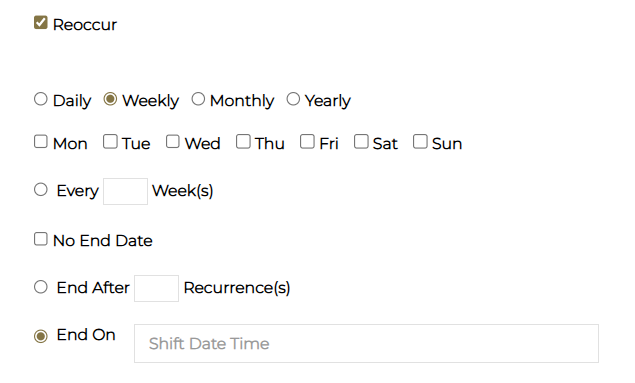 Reoccur section in the New Shift dialog showing recurrence options.