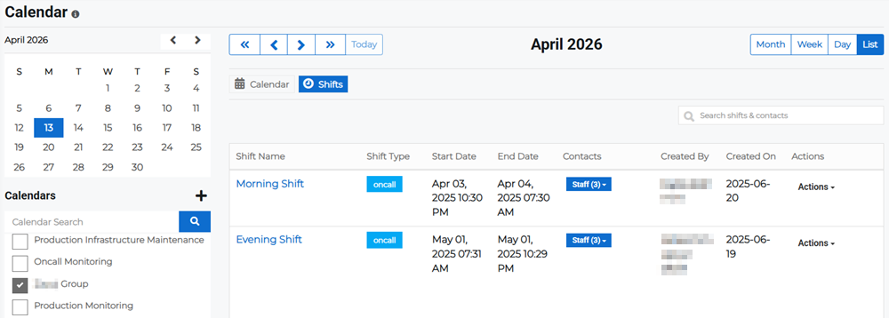 Shifts tab on the Calendar page showing list of shifts.