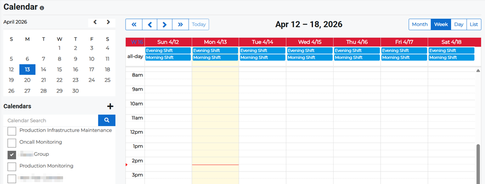Week view on the Calendar page showing shifts for the selected week.
